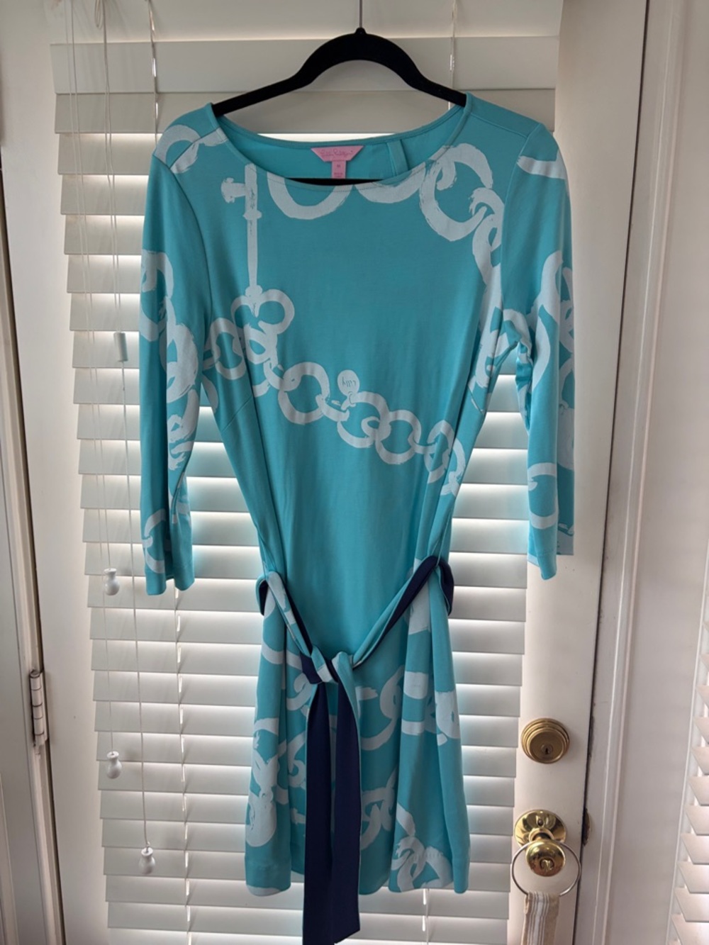 Lilly Pulitzer Turquoise & White Chain-Print Tie-Waist Midi Dress